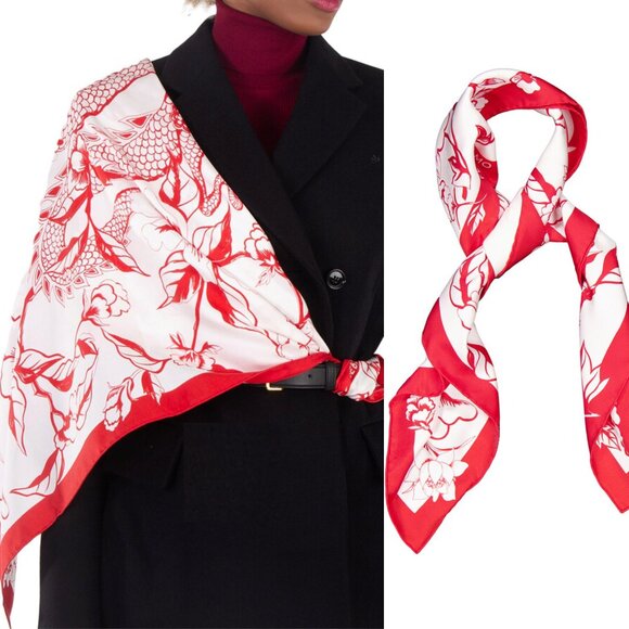 FERRAGAMO red & ivory floral YEAR OF THE DRAGON silk scarf NWT + gift envelope🎁 - Picture 2 of 5